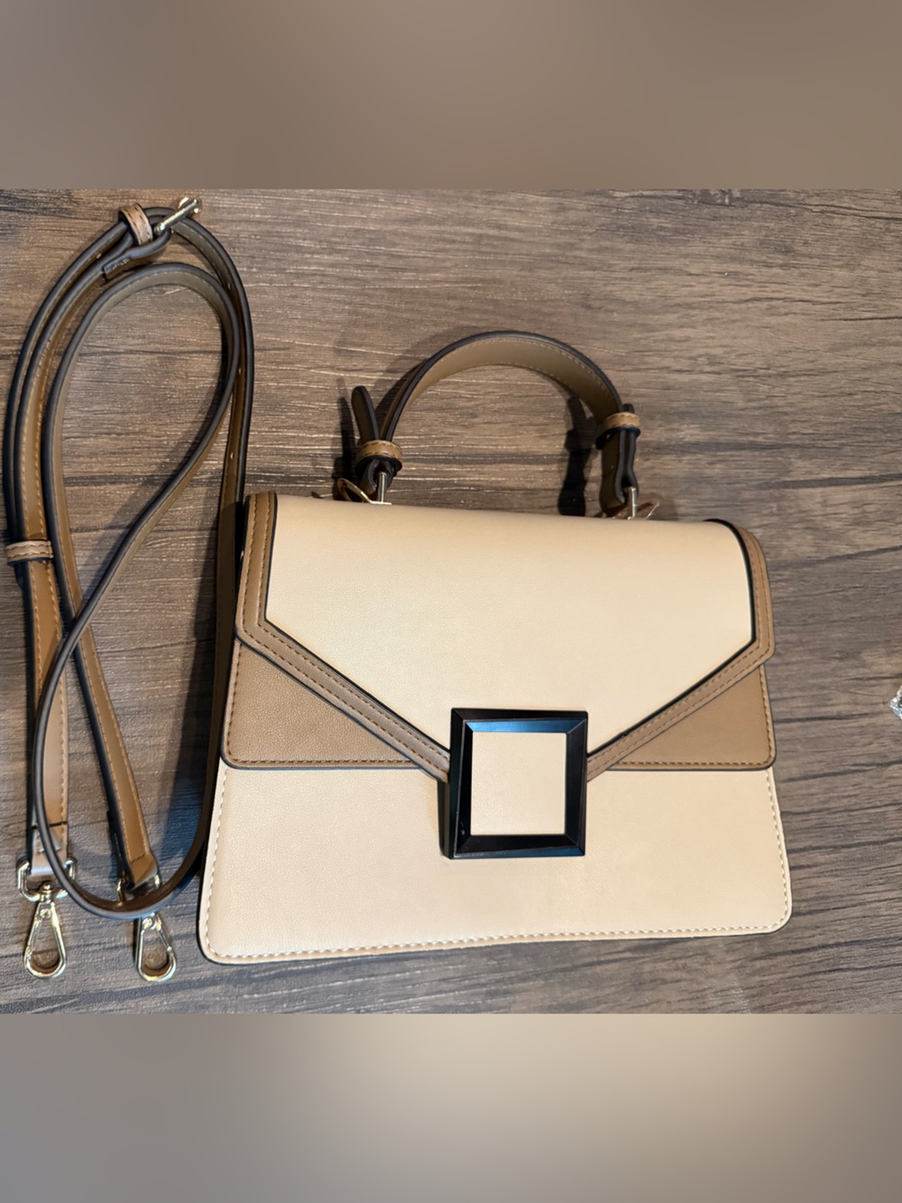 Two-Tone Cream and Tan Structured Top-Handle Satchel